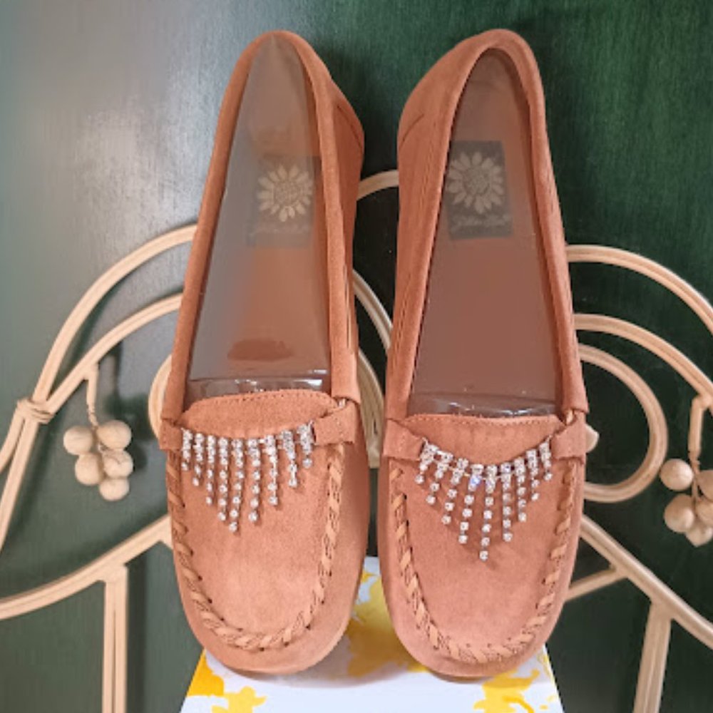 YELLOW BOX - NEW Camel Moccasins with Rhinestones; size 7